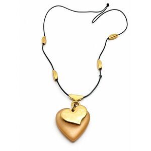 VINTAGE HEART Necklace Gold Tone Frosted Pendant Resin Black Cord Long